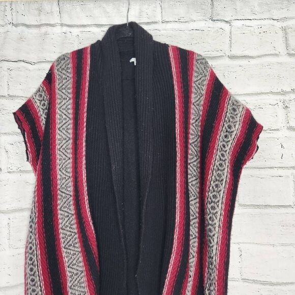 J Jill Women Fair Isle Black Red Open Front Shawl Cardigan M L Poncho Wool - Picture 4 of 13